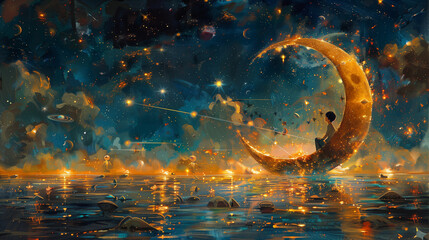 fantasy dream of child sitting on moon and sky, imagination in children concept - 792695813