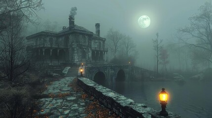 A dark and foggy night. A large haunted house sits on a hill overlooking a lake. The moon is full and there is a mist rising from the lake. - obrazy, fototapety, plakaty