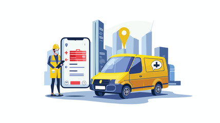 Fototapeta na wymiar Delivery service app on smartphone. Cargo van and del