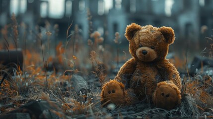 A lonely teddy bear sits in an overgrown field, forgotten and abandoned. - obrazy, fototapety, plakaty