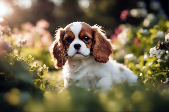 'spaniel charles garden king cavalier puppy tricolour dog funny unique adorable affection animal beauty canino card colours companion cute friends friendship happy household paw pet human'