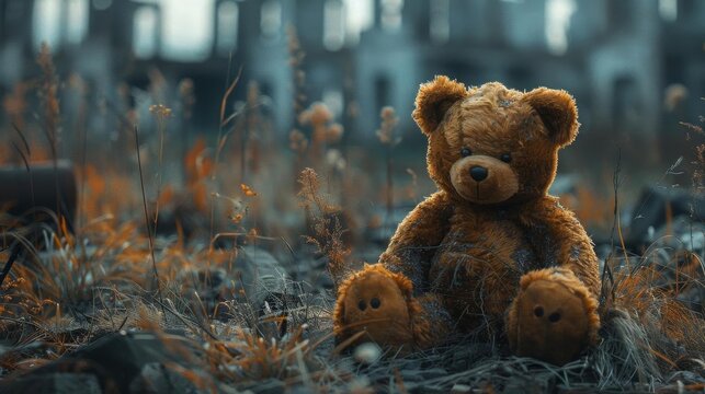 A lonely teddy bear sits in an overgrown field, forgotten and abandoned.