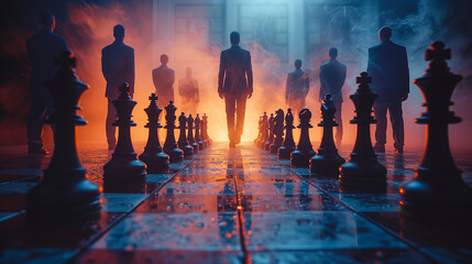 group of businessman on chess board, business strategy concept - 792696416