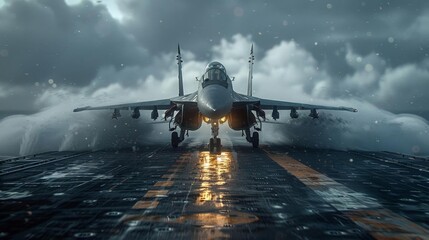 A military jet taking off from an aircraft carrier. - obrazy, fototapety, plakaty