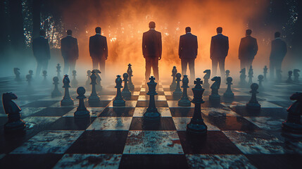 group of businessman on chess board, business strategy concept - 792696444