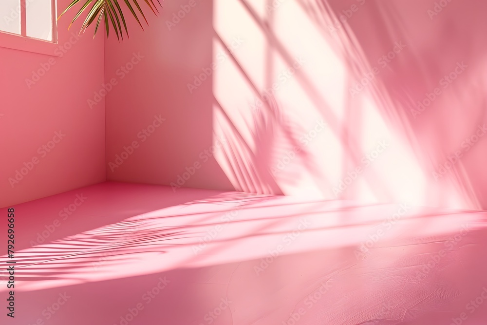 Poster abstract background with pink color and shadow of leaves on empty wall, summer product display prese