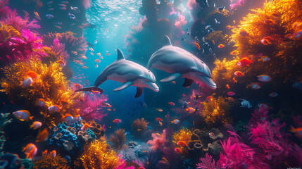 dolphins with colorful reef under sea - 792696661