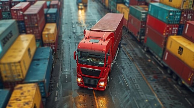 A red semi truck drives through a busy shipping yard.