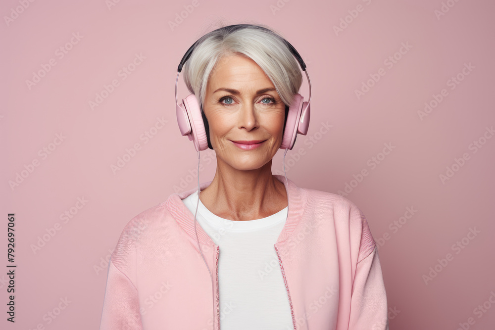 Wall mural Stylish middle-aged woman with grey hair and headphones on pink background