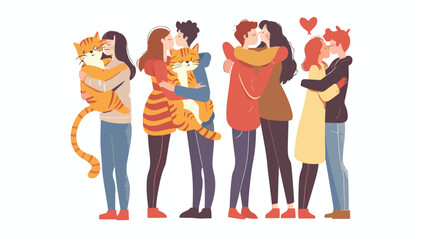Different young women and men holds and hugs the cat.