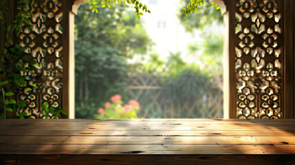 Ramadan Kareem background. Mosque window with wooden table