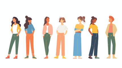 Different young women standing isolated. Vector flat