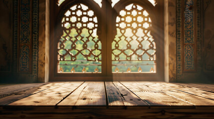 Ramadan Kareem background. Mosque window with wooden table