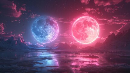 Pink and blue moons over alien landscape