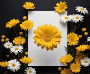 Blank frame with vibrant daisies background. Generative AI, Beautiful White Flowers and simple border abstract background with yellow background