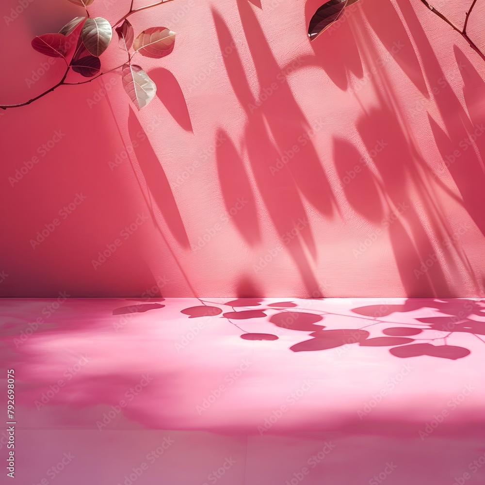 Poster abstract background with pink color and shadow of leaves on empty wall, summer product display prese