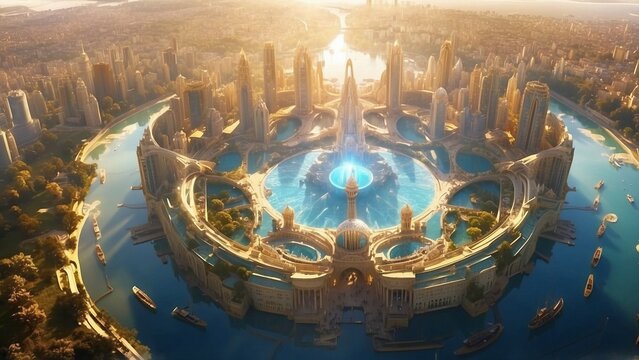 View of the city of Light, fantasy scene of the world of gods with crystals, gold, portals and amazing landscape