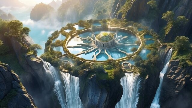 View of the city of Light, fantasy scene of the world of gods with crystals, gold, portals and amazing landscape