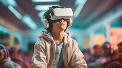 student sits at a desk wearing virtual reality glasses. School of the Future. 
