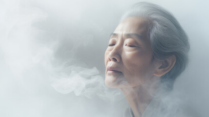 An elderly Asian woman in a tranquil state, surrounded by a gentle, ethereal mist. Copy space.