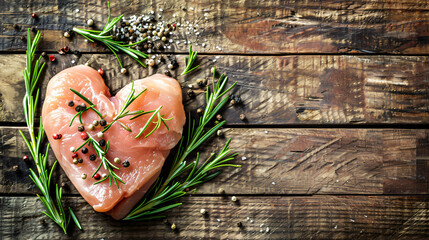 Raw chicken fillet in the shape of a heart with rosemary - Powered by Adobe
