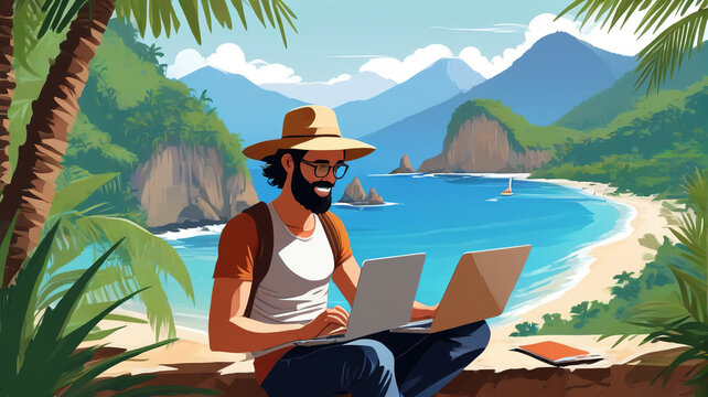 Painting depicting a remote worker using a computer on the beach. Generative AI.

