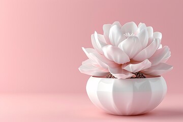 A pristine lotus flower displayed in a sleek white pot pops against a soft pink backdrop,...