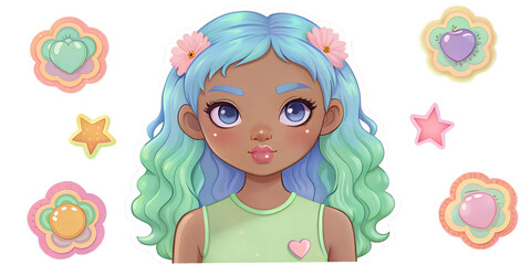 Naklejka premium Stickers, brooches, notebooks, magnets, style, design, girls, cute, beautiful, style, fairy tales, albums, texture, style, decor, drawing, vector, illustration, paints