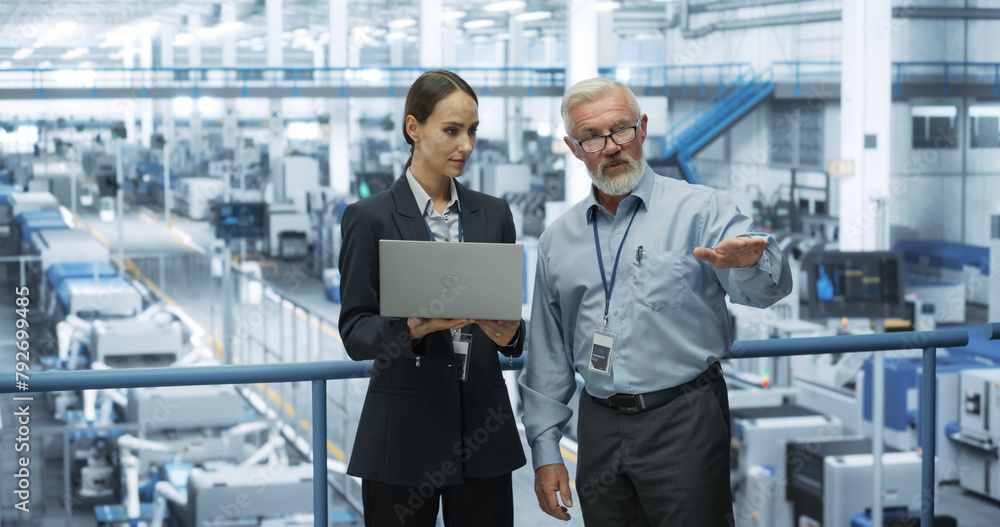 Poster middle aged engineer and a female technician having a conversation and using laptop computer. specia