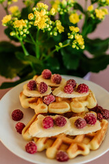 Viennese waffles with raspberries and bananas on a white plate next to yellow flowers in a pot. plain light background. homemade baking. recipe