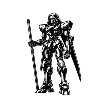 recommend clip art: grim reaper with body mecha robot mechanic body parts black outline art vector illustration