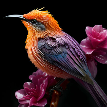 Colorful bird on a black background with pink flowers. Studio shot.