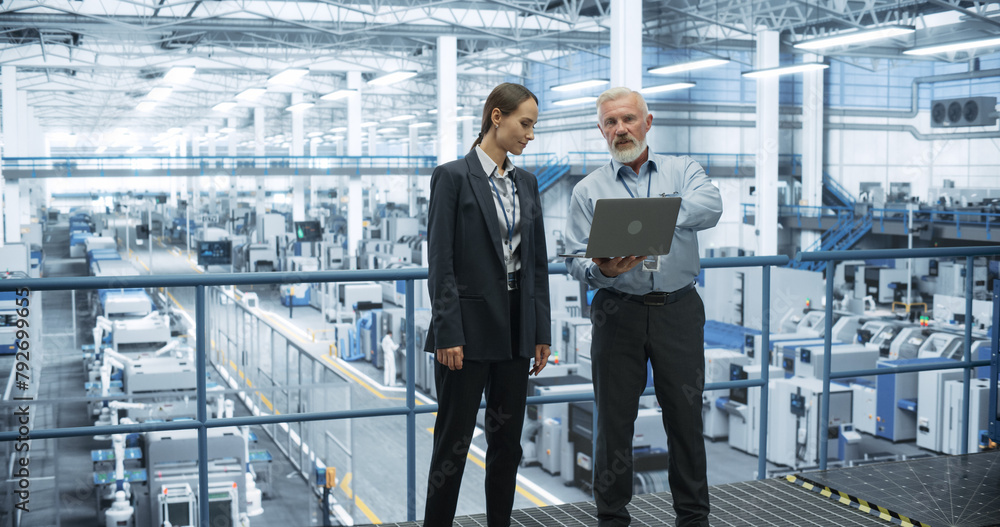 Poster portrait of a middle aged engineer and female scientist using laptop computer and talking in a facto