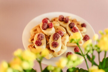 Viennese waffles with raspberries and bananas on a white plate next to yellow flowers in a pot. plain light background. homemade baking. recipe