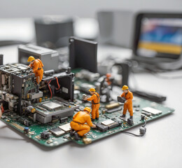 Group of worker figurines doing maintenance on a computer motherboard.