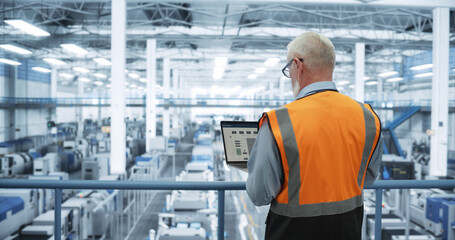Industrial Engineer Working at a Technology Factory. Middle Aged Male Using Laptop Computer at Work, Browsing Electronics Information Online. Man's Back in Safety Vest Turned to Camera - obrazy, fototapety, plakaty