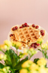 Viennese waffles with raspberries and bananas on a white plate next to yellow flowers in a pot....