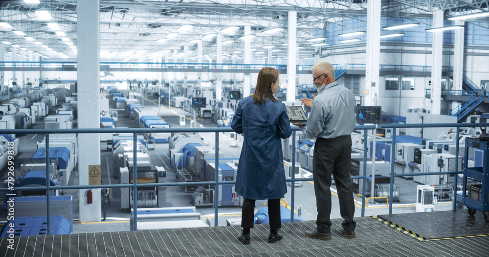 Poster Middle Aged Engineer and Young Japanese Technician Having a Conversation and Using Laptop Computer. Specialists Monitoring, Analyzing Software Reports at a Modern Electronics Factory