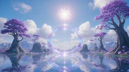 Crystal transparent sphere surrounded by mountains, purple trees and fantasy landscape - Powered by Adobe