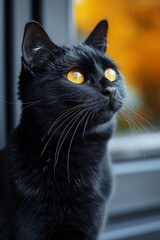 A close up of a black cat with orange eyes looking at the camera, AI
