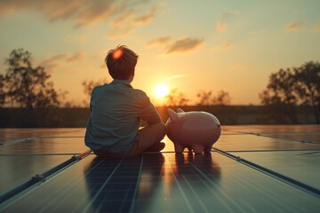 A young child contemplates a piggy bank while sitting on solar panels as the sun sets, conveying thought and future