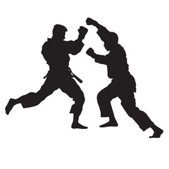 Vector silhouette of martial arts sports people fighting. Flat cutout icon