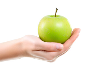 Woman hand holding a green apple in her hand isolated on white background.