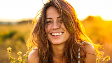 Beautiful smiling outdoor woman portrait in the summer field.