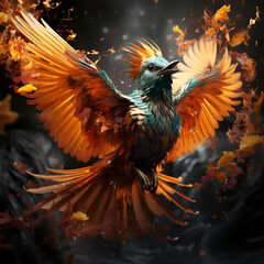 Fototapeta premium 3d rendering of a blue bird on a black background with fire