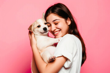 Happy woman portrait with a labrador puppy dog in her hands isolated on pink.
