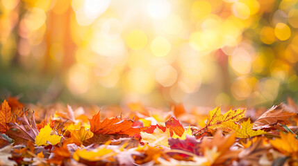 Naklejka na ściany i meble A cluster of vibrant autumn leaves scattered on the ground, creating a colorful and natural landscape. Blurred Background. Backdrop. Wallpaper. Copy space.