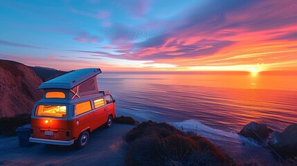 A classic red and white camper van parked on a cliffside with a stunning view of the ocean sunset