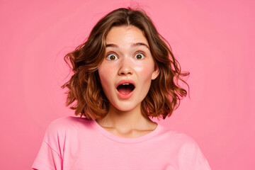 Portrait of a young excited, surprised woman looking with astonishment isolated on pink background.