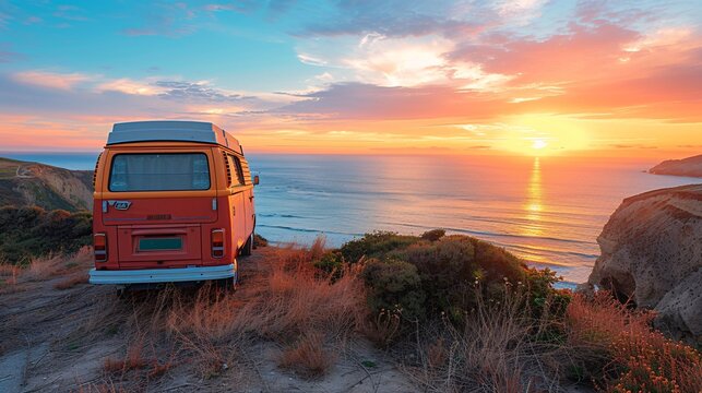 Red camper van by the sea during golden hour, perfect setting for road trips and exploring new horizons
